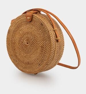 Mavis Round Rattan Crossbody Bag Boho Brown Tan Faux Leather Strap Summer Snap
